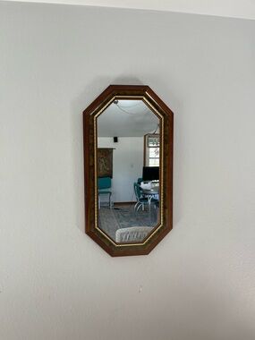Octagonal Wood Wall Mirror with Gold Trim - Brown